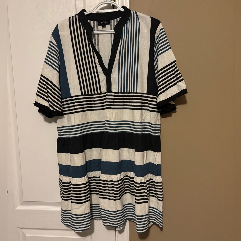 MSK Womenโs Striped Dress Tunic Flared Lined Rayon blend bell Fringe Sleeve Sz M